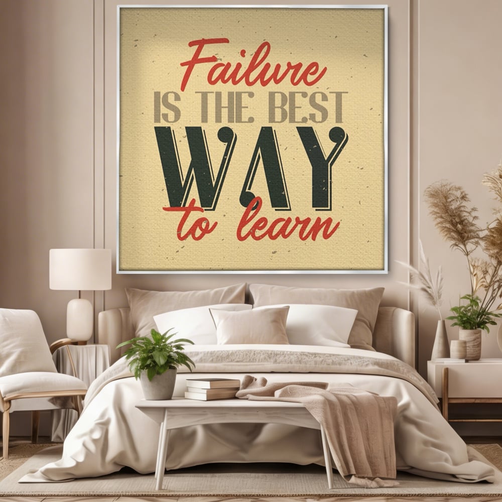 Tablou canvas cu tablou canvas cu mesaj motivational, in rama de aluminiu argintiu, pe perete intr-un dormitor
